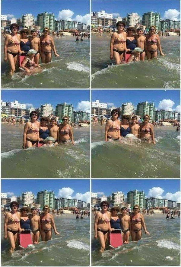 Urlaubs Familienfoto lustig - Oma versinkt im Meer