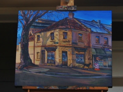 Plein air oil painting of the old milkbar/bakery corner of Harris and John Street Pyrmont by industrial heritage artist Jane Bennett