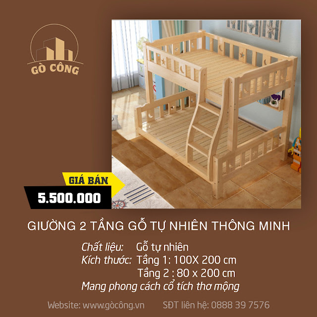 GIƯỜNG 2 TẦNG GỖ TỰ NHIÊN THÔNG MINH PHONG CÁCH HIỆN ĐẠI