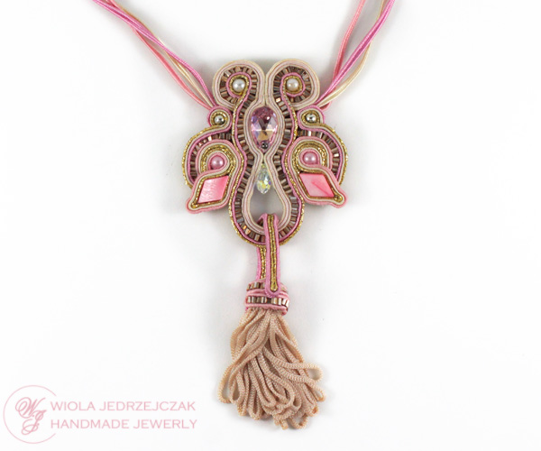 Handcraft jewelry. Stylish and luxury jewelry.  beautiful pink soutache necklace, swarovski, tassel