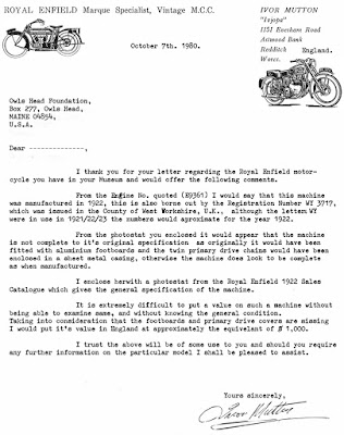 Letter to museum from Royal Enfield expert in Redditch, England.