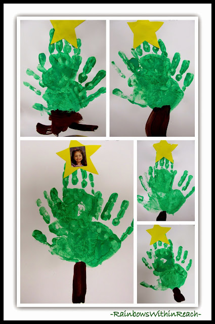 Painted Hand Prints as Christmas Trees at RainbowsWithinReach
