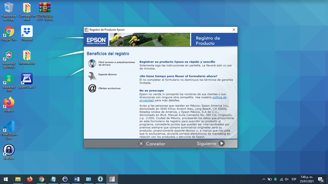 Pantalla de registro de Epson
