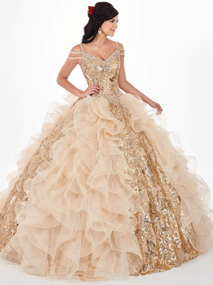 Cold Shoulder Mary's Quinceanera Ball Gown Design Gold Color Dress