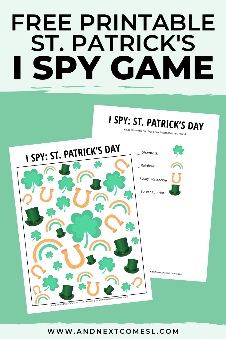 Free I spy game printable for kids: St. Patrick's Day themed