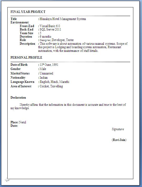 resume format for freshers bsc