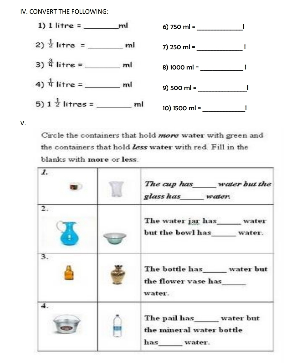 KV3 Maths Worksheet On Jugs and Mugs FORTUNE ACADEMY KV3 Maths Worksheet On Jugs and Mugs FORTUNE ACADEMY
