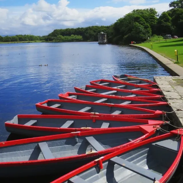 Red rowboats on Lough Key in County Roscommon, Ireland