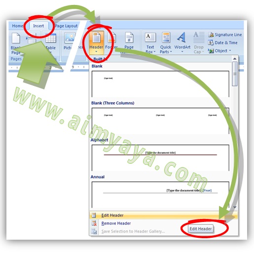Gambar: Cara mengedit header (atau footer) melalui Ribbon Insert di Microsoft Word 2007