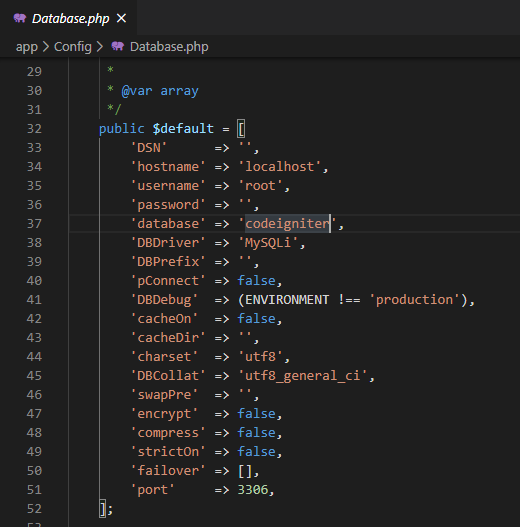 konfigurasi database codeigniter 4