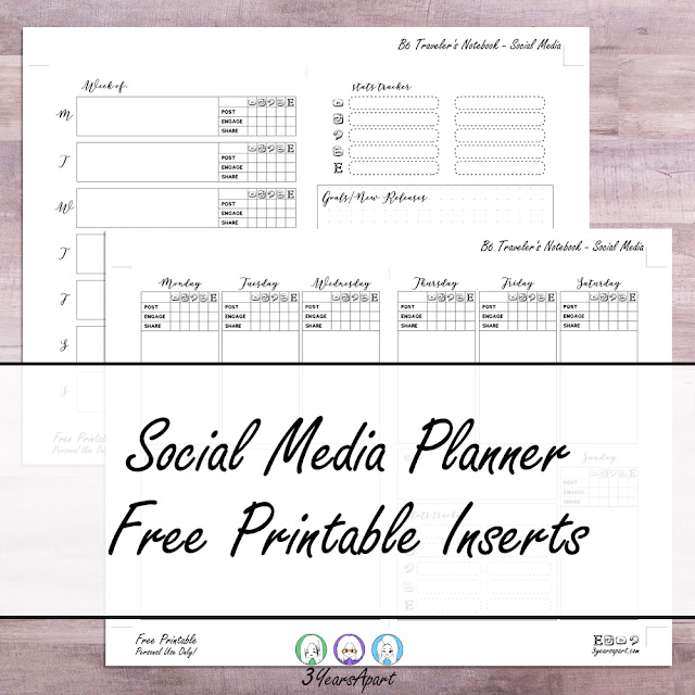 2 pages of social media planner free printable inserts on a wood background by Three Years Apart