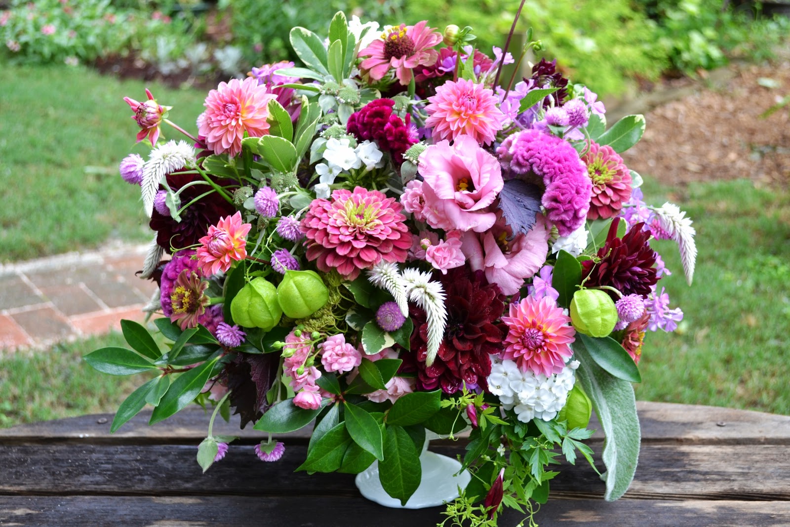 Wedding Flowers from Springwell Zinnia and Dahlia Centerpiece In Jewel Tones