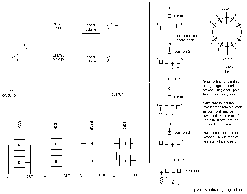 Seaweed Factory 4p4t Guitar Pickup Switch Wiring