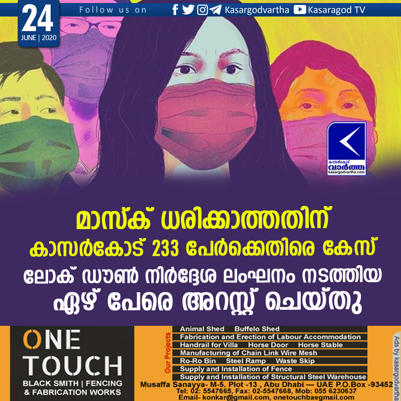 Kerala, News, Kasaragod, COVID-19, Corona, Mask, Police, Case, Arrest, Vehicle, Custody, 233 cases registered at Kasargod for not wearing mask.