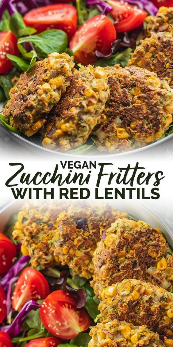 These vegan zucchini fritters are made with red lentils and sweetcorn. Healthy and super versatile, they're delicious as a starter or side dish, in sandwiches, and in salads. Gluten-free and oil-free.
