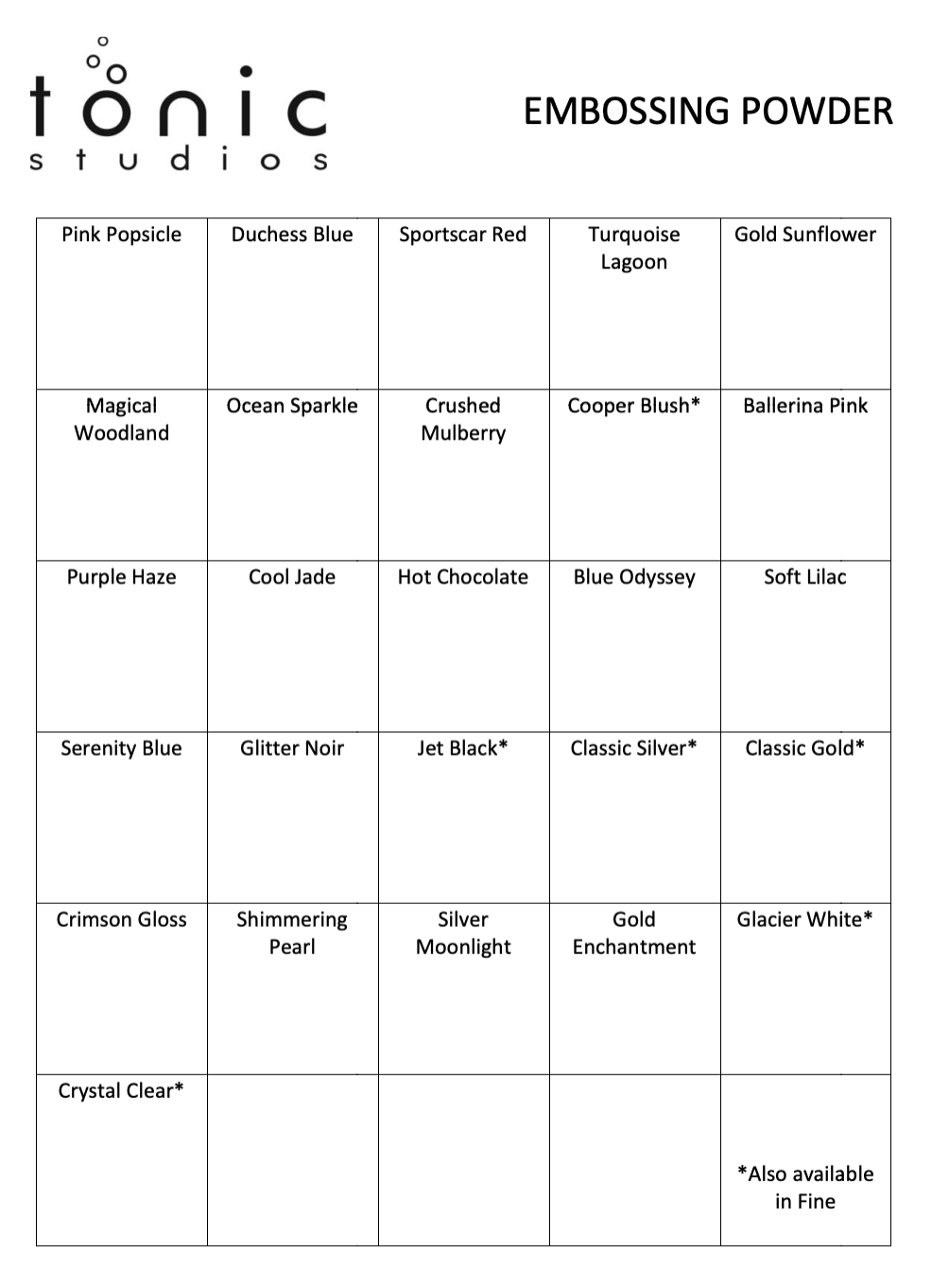 Toodle Noodle Creative NUVO EMBOSSING POWDER CHART