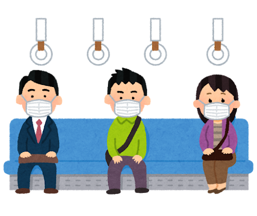 間隔を空けて座る人たちのイラスト（電車・マスクあり）