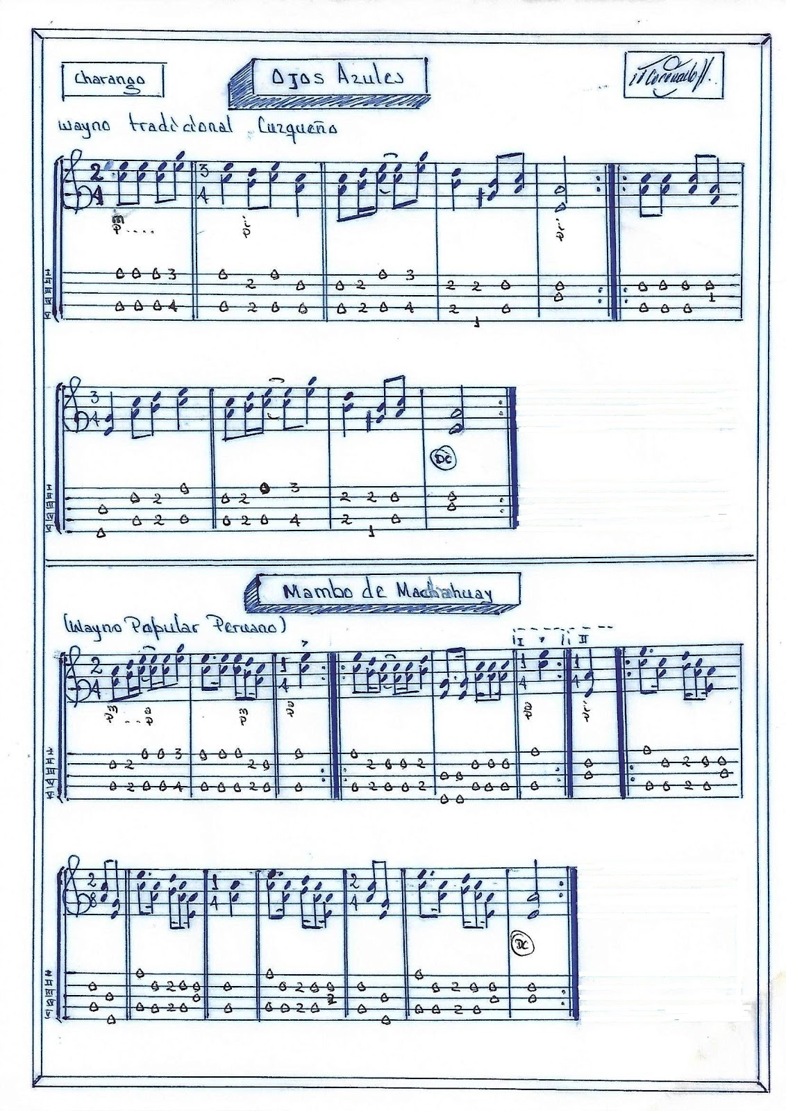 MÚSICA Y PARTITURAS JOSECOR OJOS AZULES & MAMBO DE MACHAHUAY (Charango
