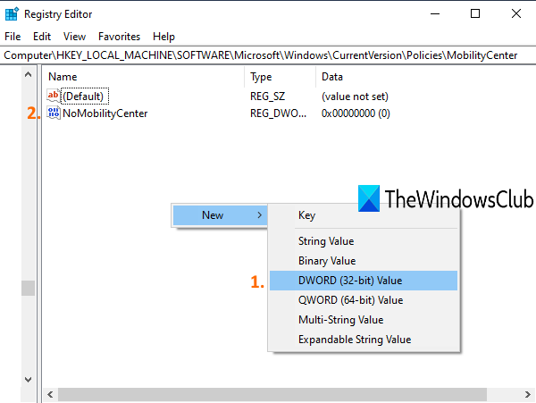 NoMobilityCenter DWORD 값 생성