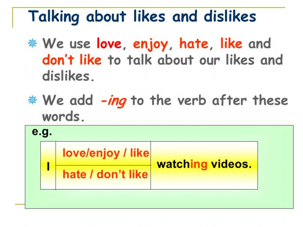 Talks ing. Like +-ing правило. Like Love hate ing правило. Like глагол с ing. Like doing правило.