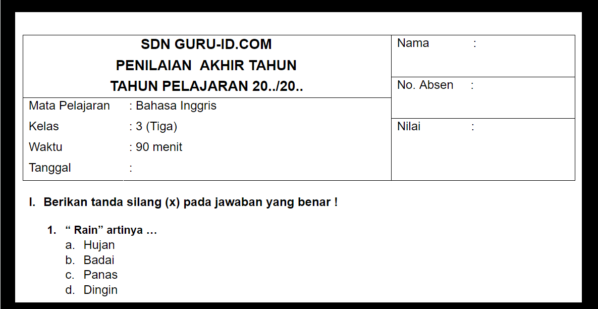 Soal PAT Bahasa Inggris kelas 3 SD Semester 2 Tahun 2021 beserta