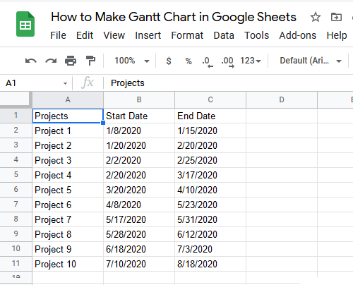 Google 스프레드시트에서 Gantt 차트를 만드는 방법 1단계
