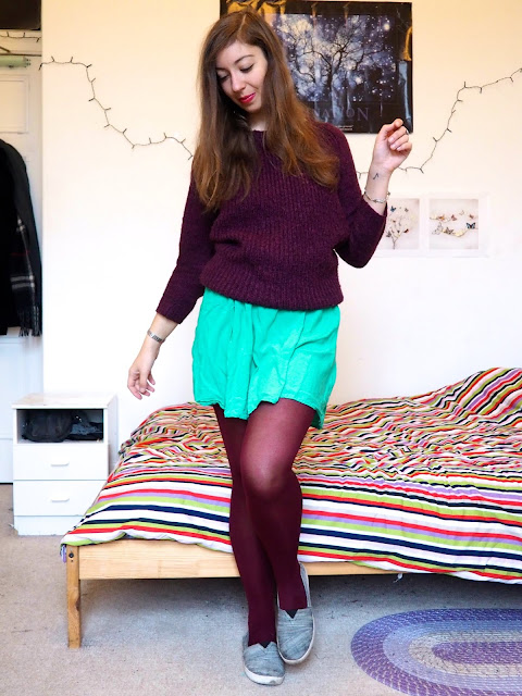 Ariel Disneybound outfit from The Little Mermaid - purple wooly jumper, green skirt & burgundy tights