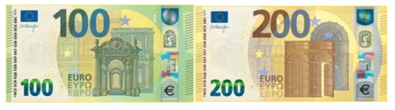Банкноты 100 евро нового образца. Размер евро купюры