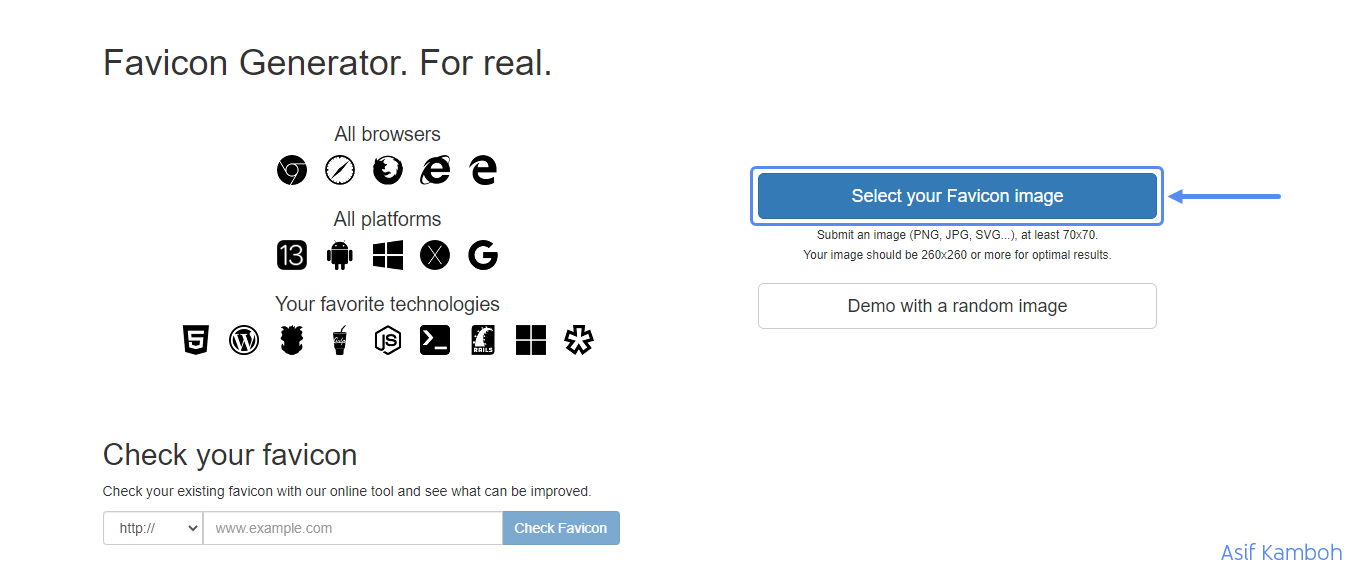Once you open the realfavicongenerator.net website, browse, select, and open your favicon png file in it.