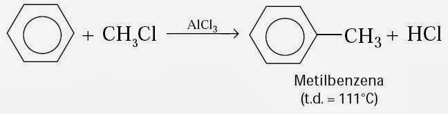 Reaksi benzena dengan metil klorida dengan penambahan katalis alcl3 menghasilkan senyawa