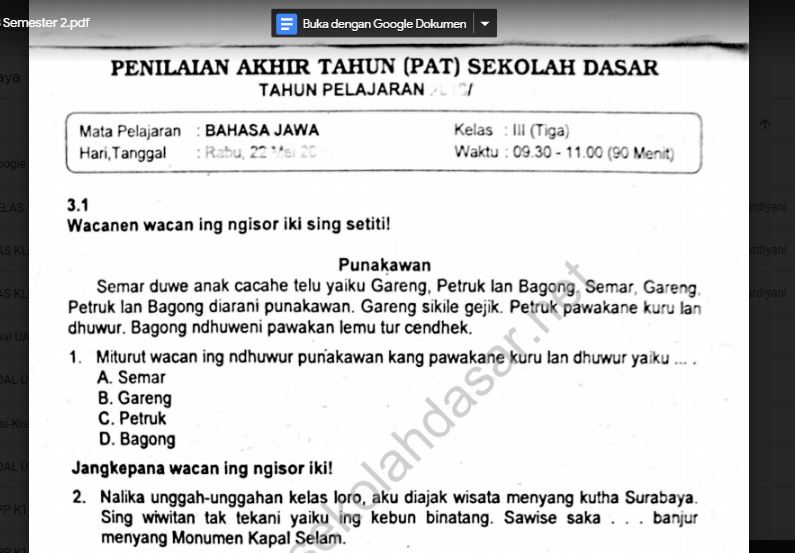 Soal Ulangan K13 Bahasa Jawa Kelas 3 Semester 2 Sekolahdasar Net