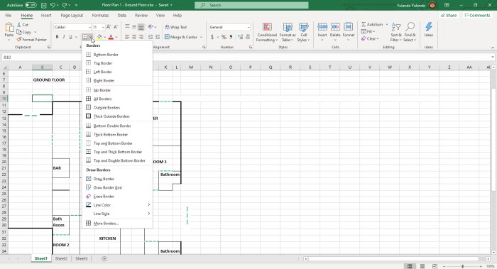 Microsoft Excel 테두리 옵션 드롭다운