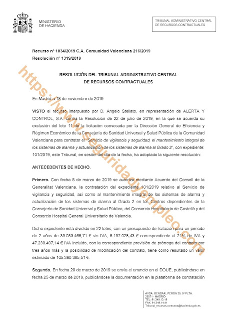 Resolución del TAC sobre el recurso por parte de alerta y control por baja temeraria en el lote 11 de sanidad de Valencia