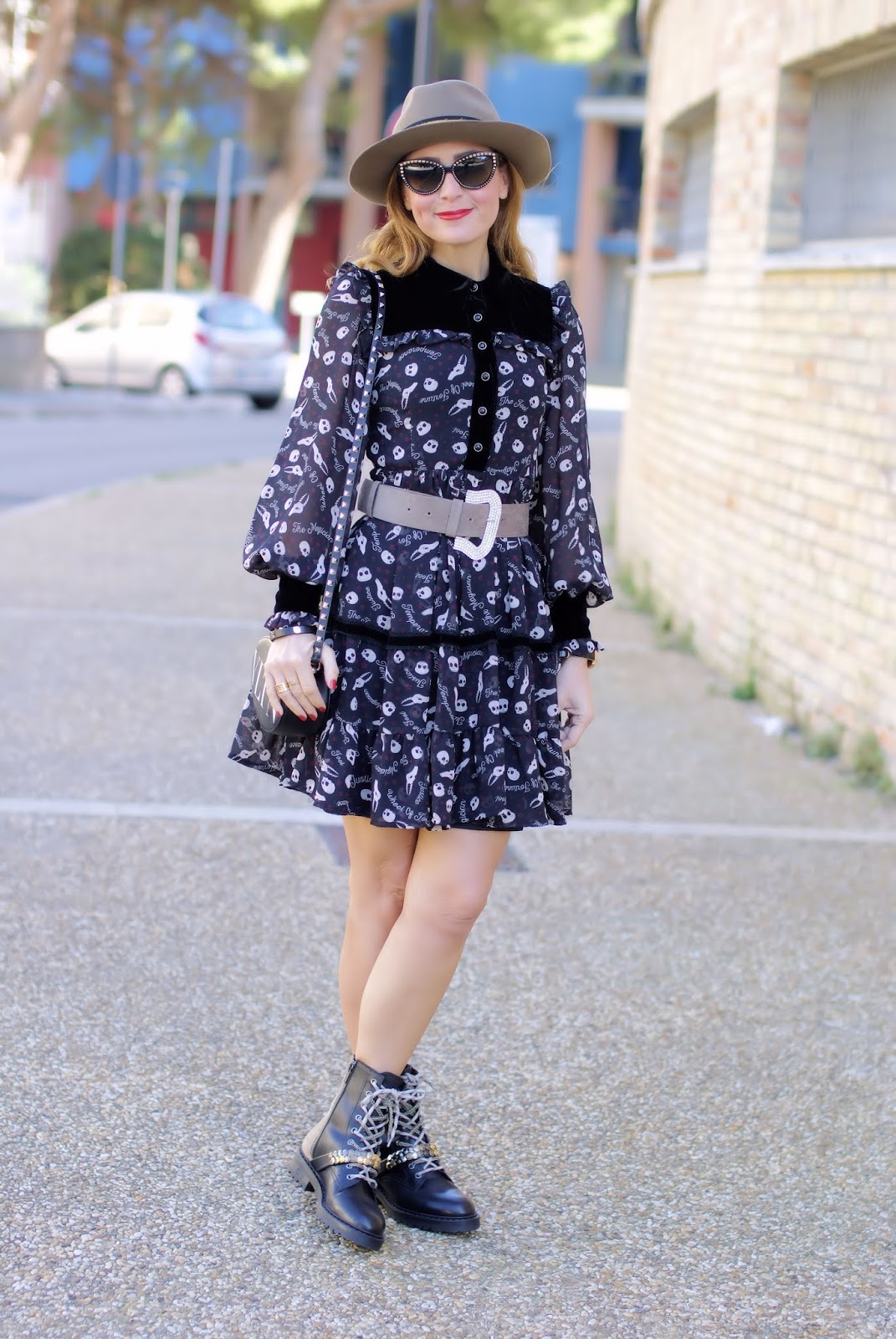 Halloween outfit idea: skull print dress from Maggie Sweet on Fashion and Cookies fashion blog, fashion blogger style