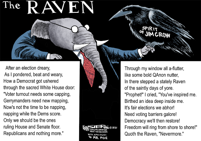 Title:  The Raven.  Image:  Republican Elephant holds on his finger a black bird labeled 