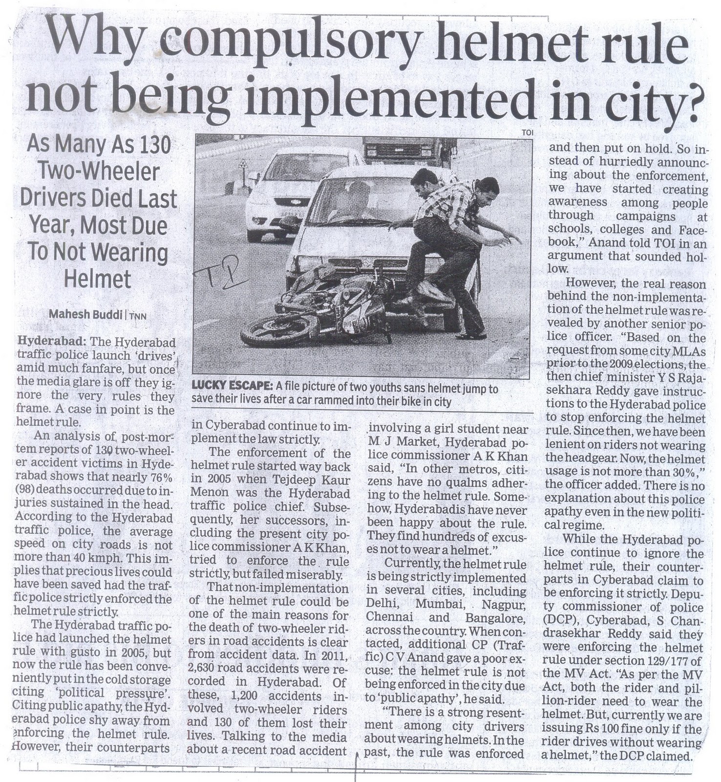 Why Compulsory Helmet Rule is not implemented at Hyderabad?