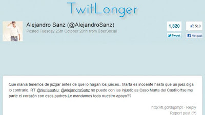 Tuit de Alejandro Sanz sobre Marta del Castillo