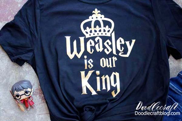 Weasley is our King shirt made with Cricut Maker and gold foil iron-on vinyl.