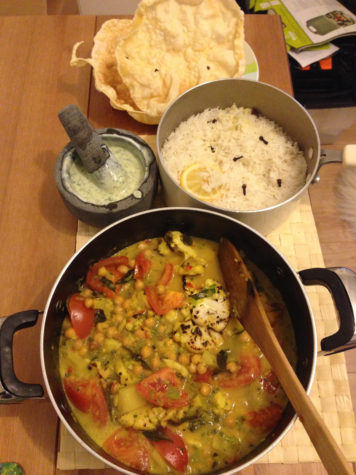 One Man And His Food Processor Keralan Veggie Curry, Poppadoms, Rice & Minty Yoghurt