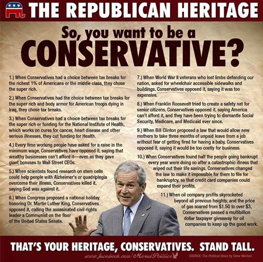 The Republican Heritage
So, you want to be a CONSERVATIVE?
1)  When Conservatives had a choice between tax breaks for the richest 1% of Americans or the middle class, they chose the super rich.
2)  When Conservatives had a choice between tax breaks for the super rich and body armor for American troops dying in Iraq, they chose tax breaks.
3)  when Conservatives had a choice between tax breaks for the super rich or funding the National Institutes for Health, they chose tax breaks.
4)  Every time working people have asked for a raise in the minimum wage, Conservatives have opposed it, saying wealthy businesses can't afford it--even as they gave giant bonuses to Wall Street CEOs.4
5)  When scientists found research on step cells could help people with Alzhiemer's or quadriplegia overcome their illnesses, Conservatives killed it, saying God was against it.
6)  When Congress proposed a national holiday honoring Dr. Martin Luther King, Conservatives opposed it, calling King a Communist on the floor of the Senate.
7)  When WWI veterans who had lost limbs adked for wheelchair accessible sidewalks and buildings, Conservatives opposed it, saying it was too expensive.
8)  When Franklin Roosevelt tried to create a safety net for senior citizens, Conservative opposed it, saying it was too expensive, and have been trying to dismantle it ever since.
9)  When Bill Clinton proposed a law that would allow new mothers to take three months of unpaid leave from a job, Conservatives opposed it.
10)  When Conservatives found half the people going bankrupt every year were doing so after a catastrophic illness that wiped out their life savings, Conservatives changed the law to it impossible for them to file for bankruptcy.
11)  When oil company profits skyrocketed beyond previous heights, Conservatives passed a multimillion dollar taxpayer giveaway for all companies to keep up the good work.