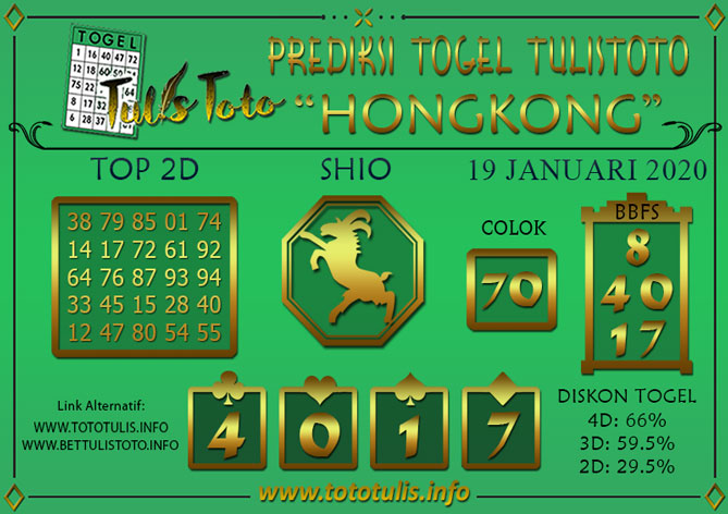 Prediksi Togel HONGKONG TULISTOTO 19 JANUARI 2020