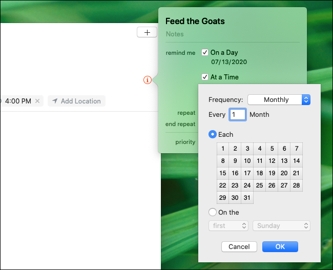 خيارات تكرار التذكير المخصصة في تطبيق Remindes على جهاز Mac