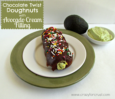 Chocolate twist doughnuts with avocado cream filling on white plate with title 