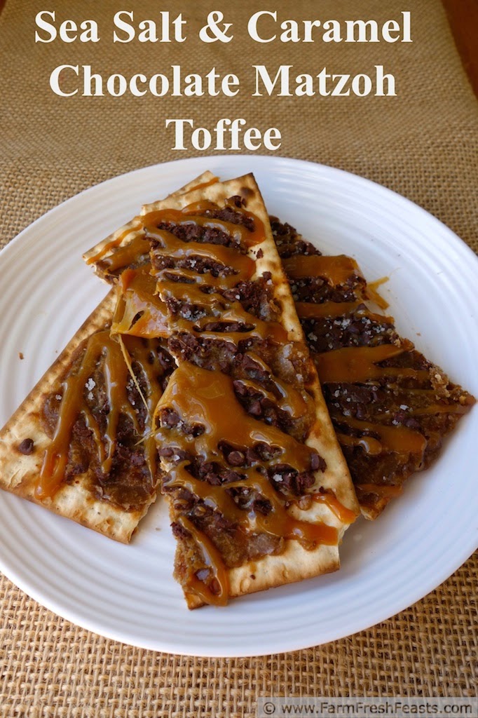 Got leftover matzoh?  Make a decadent dessert! This buttery toffee is topped with caramel and sea salt for an irresistible treat.