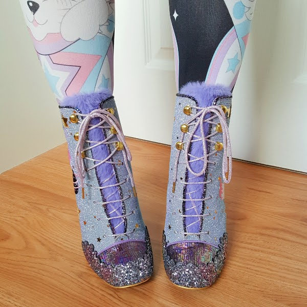 wearing ankle boots with lilac fluffy tongue and lacing