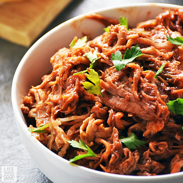 Leftover Slow Cooker BBQ Pulled Pork in a bowl ready to make BBQ Pulled Pork Tacos