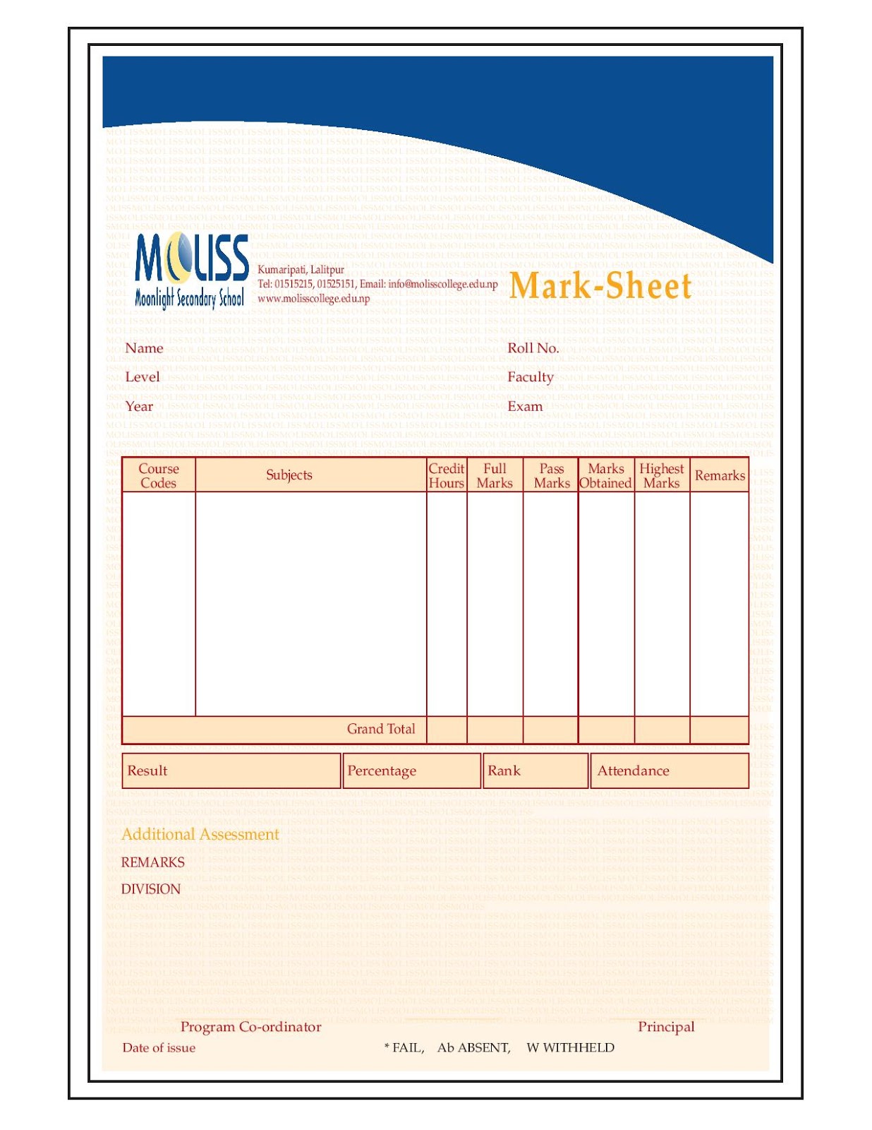 Mark sheet format for MS-WORD Lab Assignment