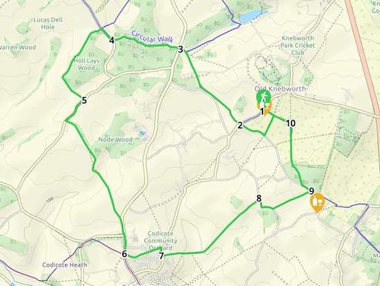Map for Walk 77: Old Knebworth SW Loop Created on Map Hub by Hertfordshire Walker Elements © Thunderforest © OpenStreetMap contributors There is an interactive map below these directions