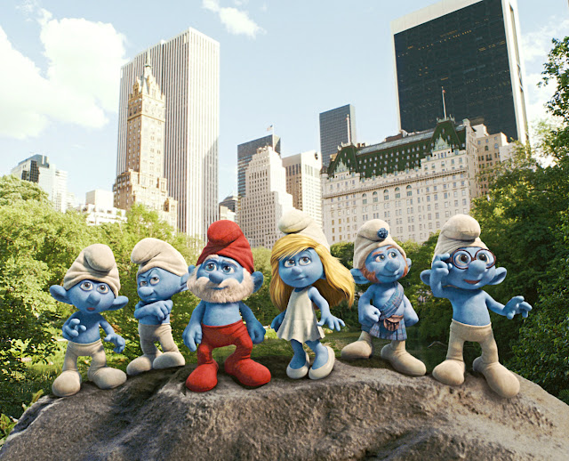 group of smurfs standing together in Central Park