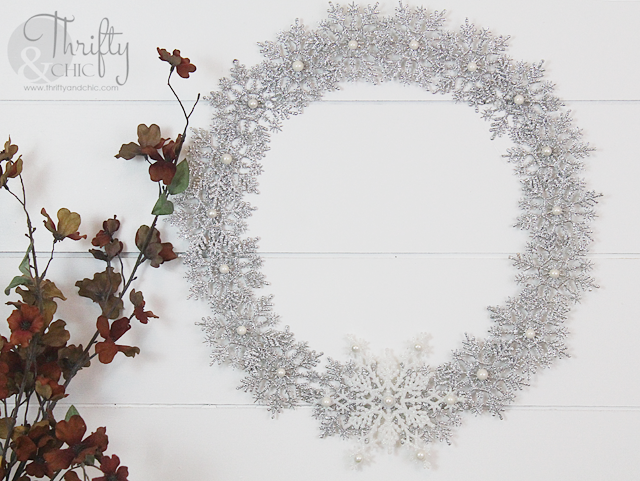 Snowflake ornament Christmas wreath made from made from the packages of snowflakes found at Target or Walmart
